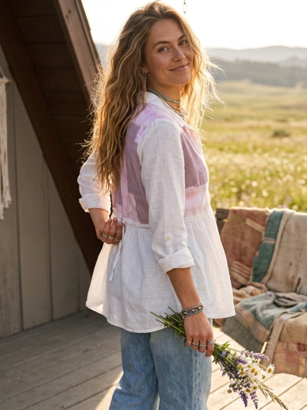 EUC Free People Mixed-Media Patchwork Babydoll Top Long-Sleeve Buttoned Medium